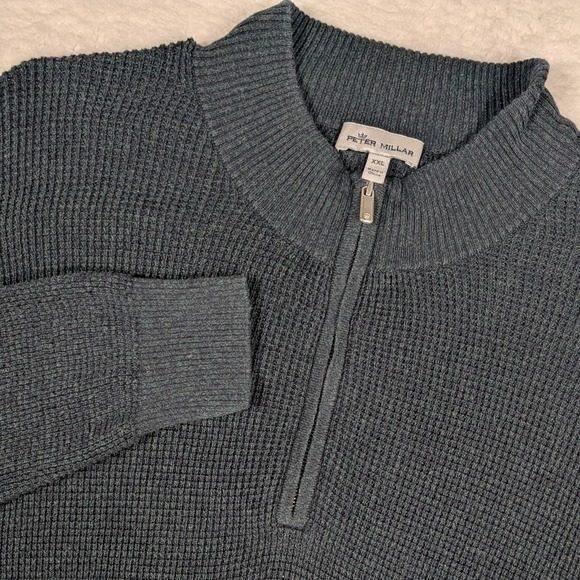 Peter Millar Waffle Knit 1/4 Zip Sweater Mens 2XL Gray Pima Cotton Merino Wool